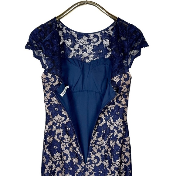 ELIZA J LACE ILLUSION YOKE FLORAL LACE CAP SLEEVE KEYHOLE RUCHED MAXI DRESS GOWN - Picture 7 of 14